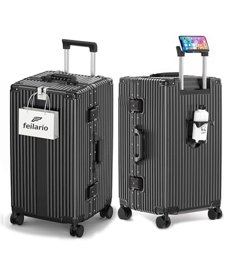 feilario 26in Super Large Captain Aluminum Frame Hardside Spinner Wheels Luggage, Zipperless Checked Suitcase with Cup Holder/Phone Holder