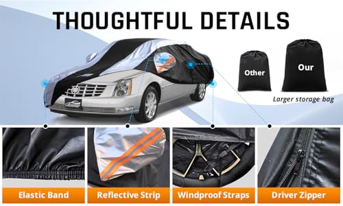 Image of Car Cover Waterproof All Weather with Silver Strip Design, Custom Fit for DTS(2006-2011), XTS(2013-2019), CT6(2016-2020), DTS Accessory with Door Zipper & Windproof Straps
