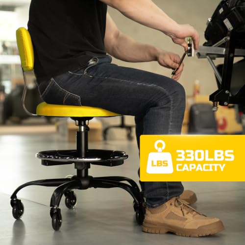 Image of Rolling Shop Stool with Wheels, Garage Stool Chair, Yellow