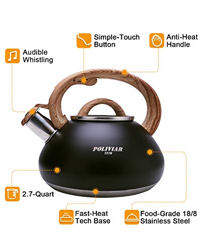 POLIVIAR Tea Kettle, 2.1 Quart Stove Top Black Tea Kettle Stovetop, Food Grade Stainless Steel Teapot, Anti-Hot Handle, Loud Whistle and Anti-Rust, Suitable for All Hear Source (JX2019-BL20） - Thumbnail 2