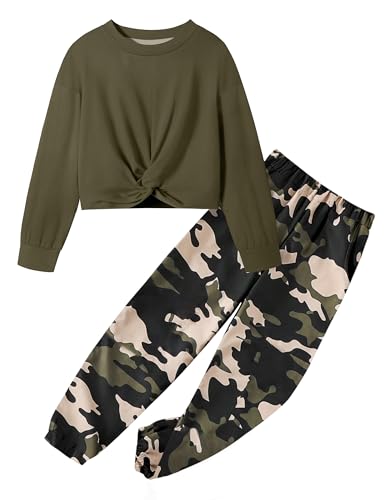 Image of NECIOUS Girls Fall Outfits 2 Piece Fashion Twist Front Pullover Sweatshirt and Camo Pants Clothing Sets 5-14Y