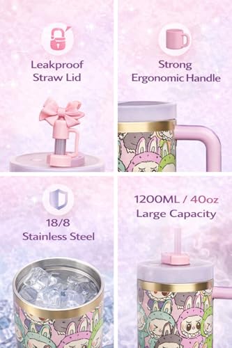 Image of Stanley The Quencher H2.0 Flowstate Tumbler with Straw, 40oz, Pink Labubu Character Print, Double-wall Vacuum Insulated, Limited Edition