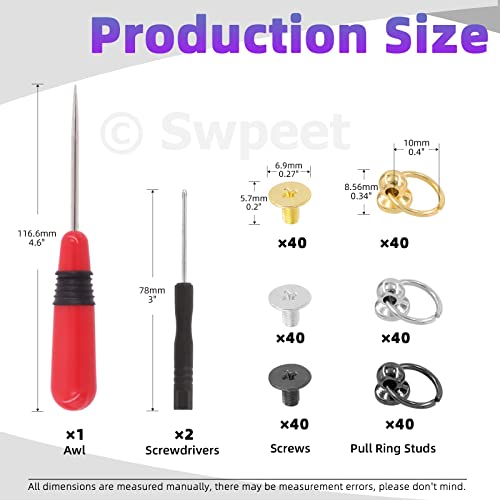Swpeet 123Pcs 3 Colors 8Mm - 3/10Inch Screwback Round Head Rivet With O Pull Ring Studs And Screwdriver With Awl Kit, Diy Leather Craft Rivets Metal Rivet Studs, For Purse Wallet #TOP1