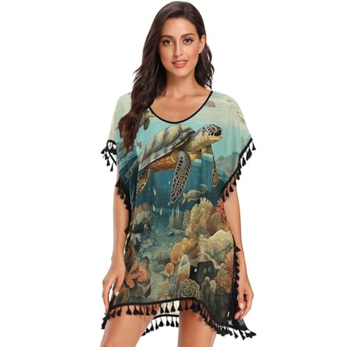 Ancient Sea Turtles Fishes Women's Beach Cover Up Chiffon Tassel Swimwear Swimsuit Coverups for Girl