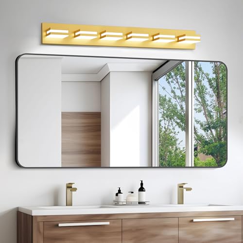 Image of IZORRO LED Modern Bathroom Lights Fixtures(6-Light,Dimmable,360Rotate),Brushed Glod Acrylic Wall Lighting,Vanity Lights for Bathroom Over Mirror - 6000k 36In (No Assembly Required)