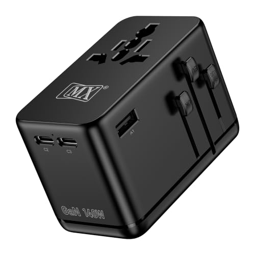 Image of MX GaN 140W Universal Travel Adapter with 2 AC Outlets, 3 USB-C & 1 USB-A Ports, 6-in-1 International Power Adapter for Worldwide Travel, Type A /C /G /I Plugs, 200+ Countries Fast Charging Adapter