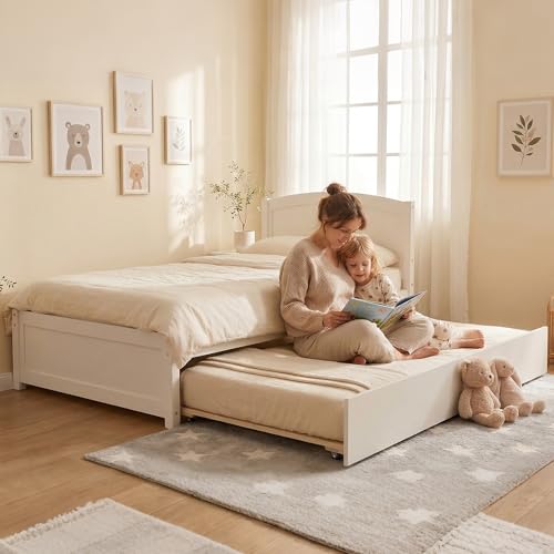 Image of Xilingol Trundle Bed Twin, Solid Wood Bed Frames with Headboard and Wooden Slats Support, Twin Trundle Bed Frame Roll Out, Single Box (No Box Spring Needed)