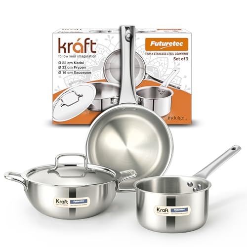 Kraft Futuretec Triply Stainless Steel Cookware Set | 4 Pc Triply Cookware Set | Extra Deep Kadai with Lid 2.4 L, Frypan 22 cm, Saucepan (16 cm, 1.6L) | Gas, Induction, Oven Friendly | 5 Year Warranty
