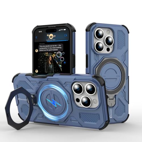 Image of KARWAN️ Tough Armor Back Case Cover for iPhone 16 Pro with 360 Degree Rotation Magnetic Attraction Ring Holder Defender Heavy Duty Rugged Cover with Mag-Safe Wireless Charging -(Blue)