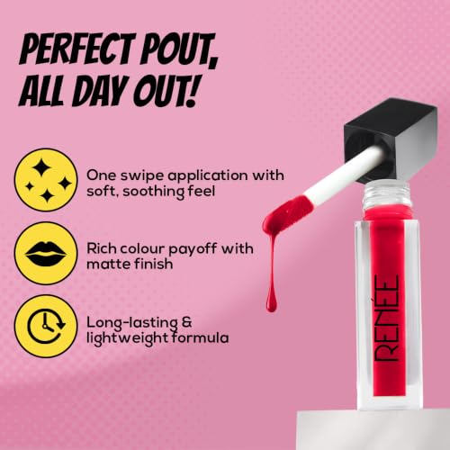 Image of RENEE Everyday Quick Stay Liquid Lipstick - Cherry Temptation, Matte Long Wear Lip Colour for Women, Lightweight Hydrating Non Drying Formula with Jojoba Oil and Vitamin E, Rich Colour Payoff, 1 ml