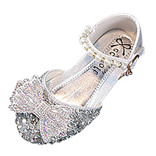 Princess Shoes For Kids Fashion Summer Girls Sandals Dress Performance Dance Shoes Shiny Rhinestone Sequin Bow Pearl (Silver-a, 25)