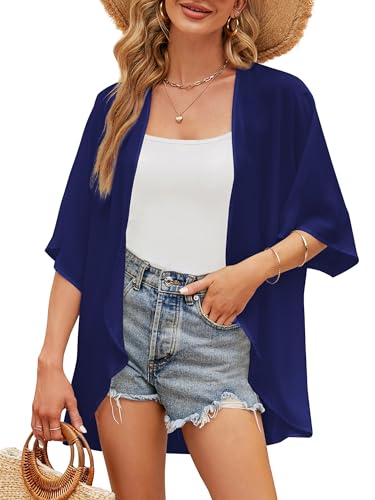 Image of Chunoy Women Loose Lightweight Chiffon Kimono Cardigan Short Sleeve Beach Wear Cover Up Blouse Top Blue Medium