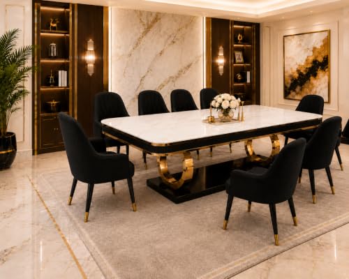 Image of 8-Seater Dining Table with Nano Composite Marble Top and PVC Golden Wooden Base |2yr Warranty - Includes 8 Fabric Upholstered Chairs