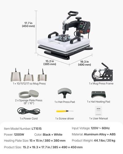 Image of VEVOR Heat Press Machine, 15 x 15 in, 8-in-1 Multifunction, 360 Swing Away, Heat Up Fast and Even, Digital Precise Control, Sublimation Press Machine for T-Shirts, Mugs, Tumblers, Caps, Plates