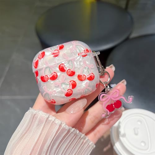Image of MINSCOSE for Cute Glitter AirPods 4 Case,Shell Pattern Cherry Bow Trendy Design with Keychain,Protective Shockproof Cover for Airpods iPod 4th Generation for Women Girl-Red