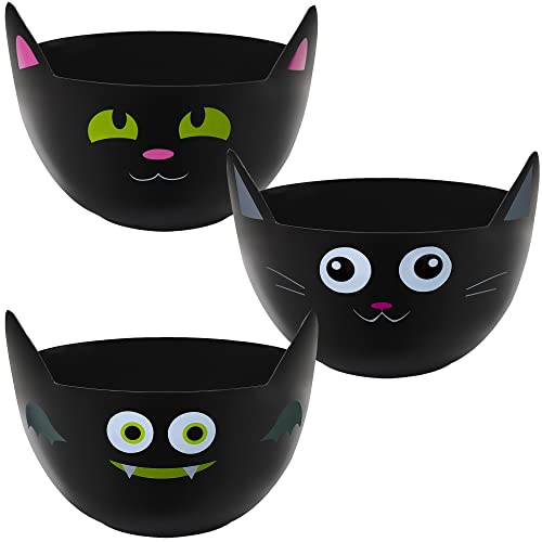 Zcaukya Halloween Party Supplies, Set of 3 Halloween Plastic Trick Treat Candy Bowls, Cat Shaped Plastic Serving Bowl in Orange Purple Black for Halloween Parties
