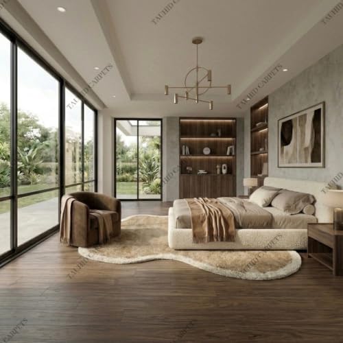 Image of Tauhid Carpet Modern Irregular Shape Shaggy Rug | Super Soft Microfiber Area Carpet for Living Room, Bedroom Designer Cloud Shape MBeige with Ivory Border 6x9 Feet.
