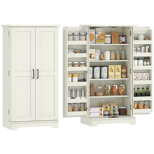 HOMCOM Buffet Cuisine, Armoire de Cuisine, vaisselier, 5 Niveaux, avec Portes et étagères réglables, 60 x 40 x 120 cm, Grain de Bois, crème