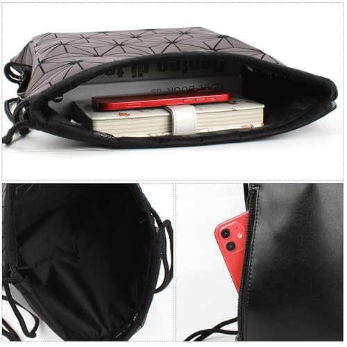 Aisi Unisex PU Leather Holographic Geometric Drawstring Backpack Luminous Gym Backpacks Reflective Sport Travel String Bag, Black, bb-03877-01SS4