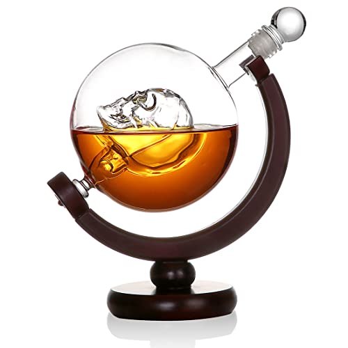 Set à Whisky - Carafe en Verre avec tête de Mort - pour Whisky et Absinthe - 2 Verres à tête de Mort et Plateau en Bois