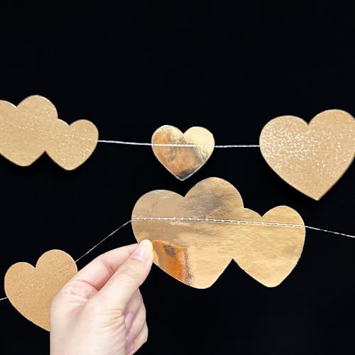 Image of 40Ft Champagne Gold Heart Banner Double Sided Paper Garland Heart Hanging Streamer for Wedding Birthday Anniversary Bachelorette Engagement Bridal Baby Shower Valentines Hen Christmas Party Decoration