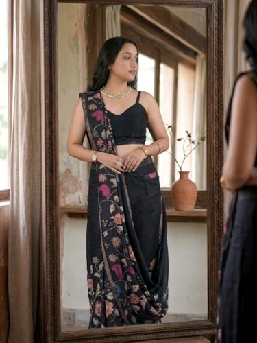 Image of SAMANTHA Black Floral Print Ready to Wear Linen Saree with Pocket & Adjustable Belt