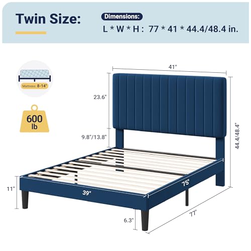Image of Allewie Twin Bed Frame, Velvet Upholstered Platform Bed with Adjustable Vertical Channel Tufted Headboard, Mattress Foundation with Strong Wooden Slats, Box Spring Optional, Easy Assembly, Navy Blue
