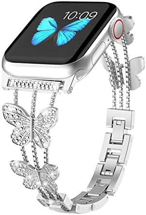 dongmet Compatible with Apple Watch Band 49mm 45mm 44mm 42mm,Women Girl Shiny Bracelet,Bling Diamond Butterfly on Wristband for iWatch Ultra 8 7 6 5 4 3 2 1 SE (42/44/45/49mm, Silver)
