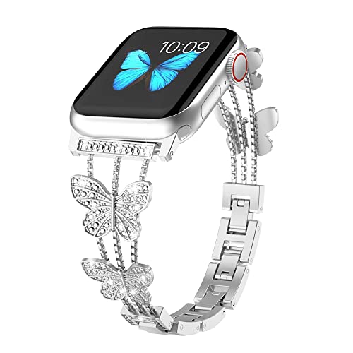 Dongmet Compatible With Apple Watch Band 49Mm 45Mm 44Mm 42Mm,Women Girl Shiny Bracelet,Bling Diamond Butterfly On Wristband For Iwatch Ultra 8 7 6 5 4 3 2 1 Se (42/44/45/49Mm, Silver) #TOP28