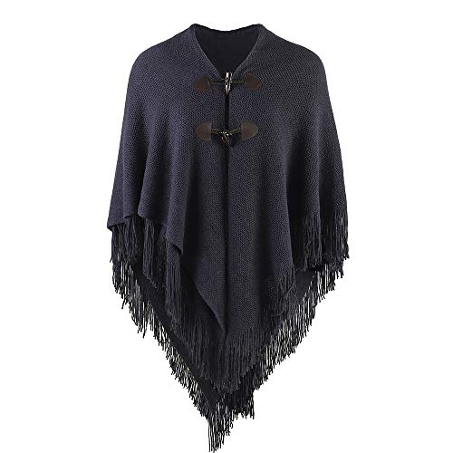 Women's Striped Poncho with Tassels Knitted Shawl Scarf Fringed Wrap Sweater Pullover V Neckline