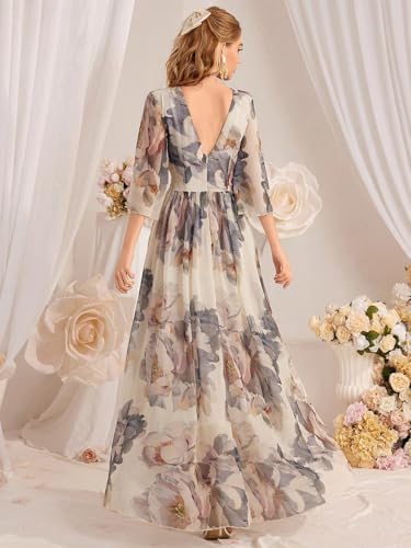 Image of TOLEEN Summer Casual Dresses for Women 2024 Spring Fashion Boho V Neck Long Sleeve Ruffle Floral Print Elegant Maxi Dress