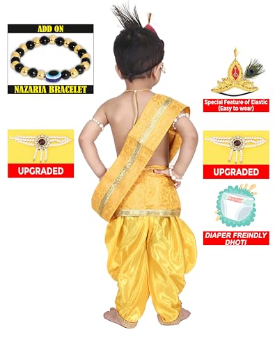 Image of Raj Fancy Dresses Shri Krishna Dress for Baby Boy & Girl, Janmashtmi Dress with Diaper-friendly Dhoti & Dupatta, Mor Pankh Mukut