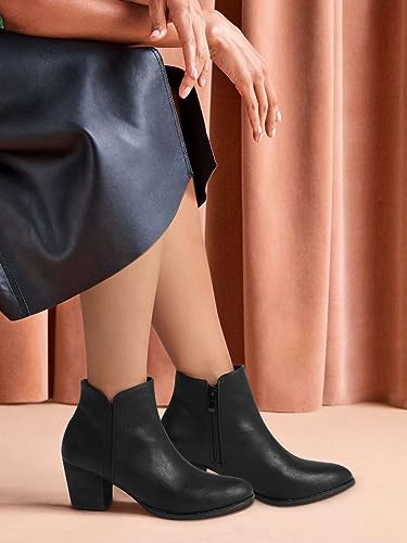 SHIBEVER Women's Ankle Boots Heel: Black Chunky Block Heels Slip On Almond Toe Boots Side Zip Leather Booties 102