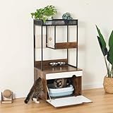 Majnesvon Cat Litter Box Enclosure with Shelves - Hidden Litter Box Cabinet with Storage, Multi-Functional Wooden Pet Furniture with Feeding Station, Cat House for Living Room Bedroom
