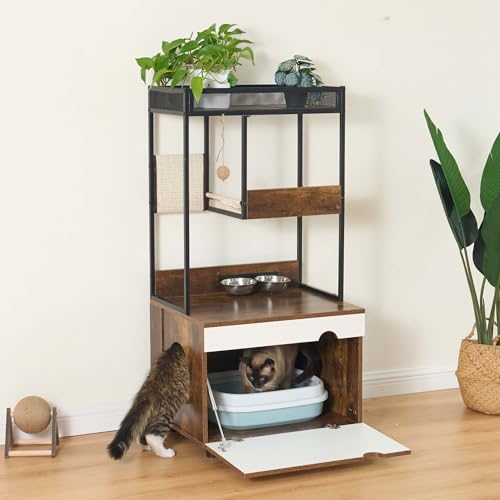 Majnesvon Cat Litter Box Enclosure with Shelves - Hidden Litter Box Cabinet with Storage, Multi-Functional Wooden Pet Furniture with Feeding Station, Cat House for Living Room Bedroom