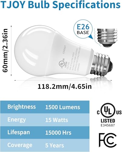 Image of TJOY LED Light Bulbs, 100 Watt Equivalent A19, Daylight Bright White 5000K | 1500 Lumens Bright White, 15W Energy Saving, E26 Standard Base, Non Dimmable Lamp Bulb for Home Bedroom Kitchen, 6 Pack