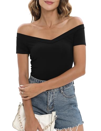 Image of Sarin Mathews Womens Shirts Off The Shoulder Tops Sexy V Neck Slim Fit Shirts Tops Blouses