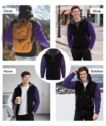 Image of V VALANCH Men Hoodies Zip Up Sherpa Lined Sweatshirts Heavyweight Thick Warm Fleece Winter Jacket