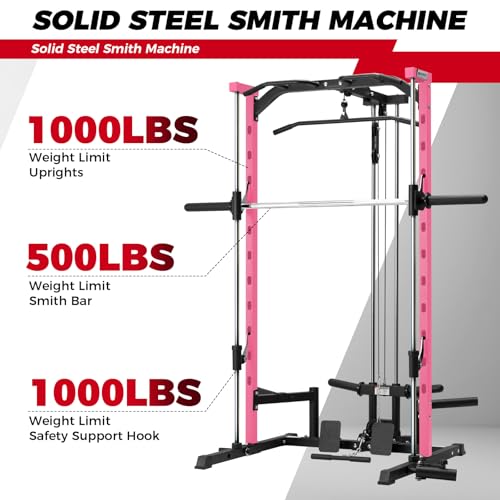 Image of RitFit Smith Machine Power Rack with LAT-Pull Down System, Landmine, Barbell Bar, Plate Storage Pegs and More Training Attachment