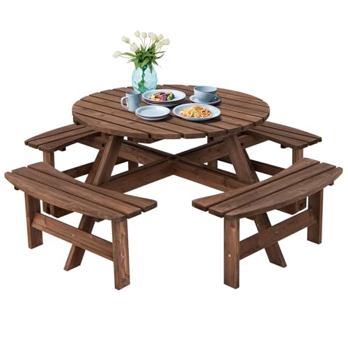 GOPLUS Table Pique-Nique Extérieur 8 Personnes, Table à Manger Jardin Ronde pour Patio avec 4 Bancs Intégrés, Trou Parasol 5 cm, pour Jardin, Terrasse, Parc, Charge...