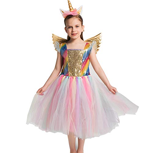 yeesn Niñas Unicornio de Disfraces de Malla de Tul Vestidos de tutú Vestido de Lujo para Halloween Fiesta temática de cumpleaños Cosplay (XL, Tul Arcoiris) Cover