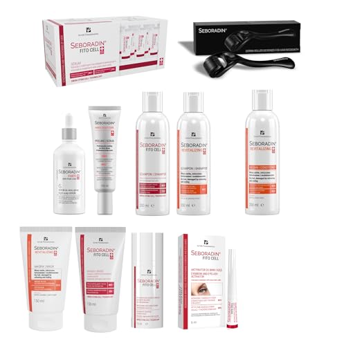 SEBORADIN Maria White Set – Dermaroller – Peeling Profesional – Sérum Fito Cell – Champú x2 – Mascarilla – Activador de Cejas y Pestañas – Mascarilla Revitalizante – Acondicionador
