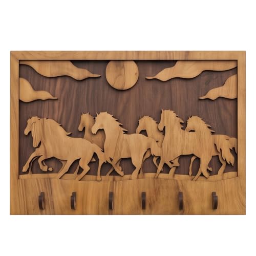 Image of 7 Horses Vastu Wooden Key Holder for Wall, Mango