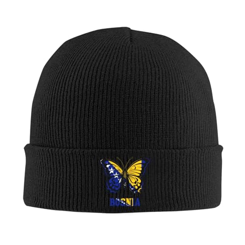 Butterfly Bosnia Bosnian Flag Knit Hat Warm Fashionable Cuffed Knitted Hat Winter Warm Beanies Skull Caps Unisex Vintage Full Cover Cap Black