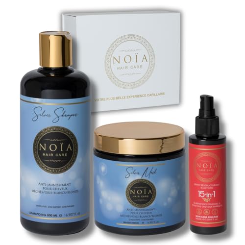 NOÏA HAIR – Routine Capillaire TRIO Silver – Shampoing, Masque & Sérum – Anti-Jaunissement, Éclat Froid & Brillance – Soin Professionnel Cheveux Blonds, Gris & Méchés