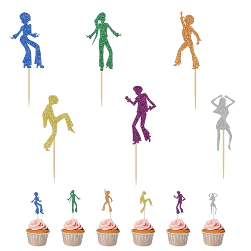24 topper per cupcake da discoteca, 70 glitter per discoteca, decorazione per torte, persone danza, cake toppers, picks per ballo, musica, tema, feste, feste di compleanno, festa di nozze