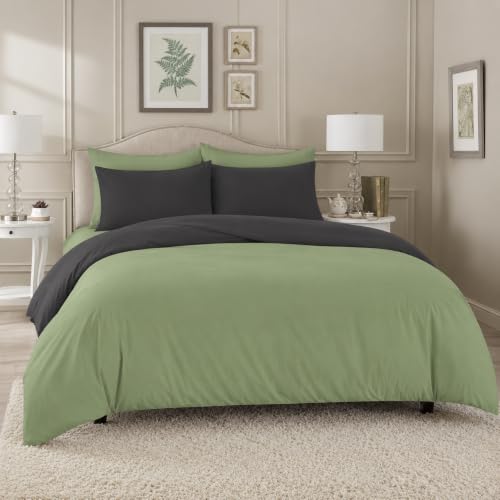 Image of Duvet Cover Double Size Bed (90x95 Inch) 1 Duvet Cover + 4 Pillow Covers with Zipper 600 TC Cotton Reversible Luxurious Quilt, Comforter, Rajai, Blanket Cover (Sage /Dark Grey)