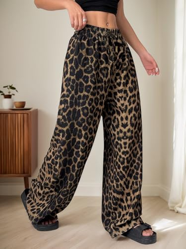 Womens Leopard Print Pants Drawstring Elastic Waist Straight Leg Lounge Pants Y2K Cheetah Pajama Trousers with Pockets3