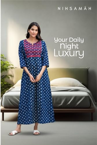 Image of NIHSAMAH Cotton Nighty for Women - Printed Stylish Night Gown, Comfortable Sleepwear Long Nightwear, Maxi
