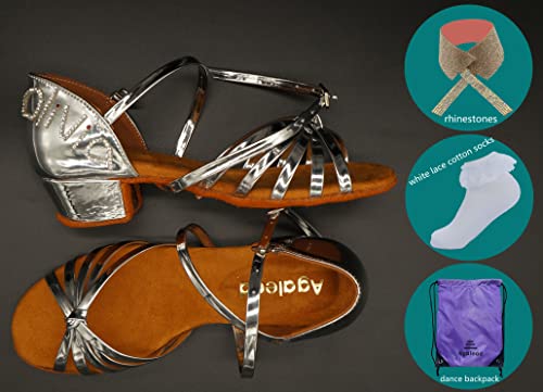 Agalead Girls Latin Dance Shoes Sparkle Silver Leathery Striped Ballroom Salsa Practice Performance Wedding Party Shoes + Diy With Diamond #TOP4